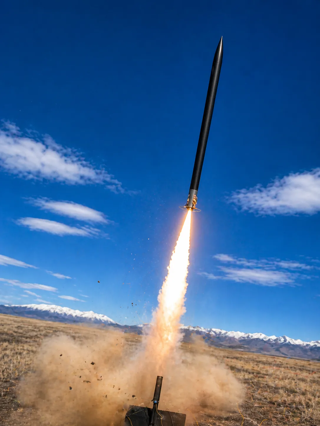 High-power certification rocket named Goldilocks awaiting launch on the rail.