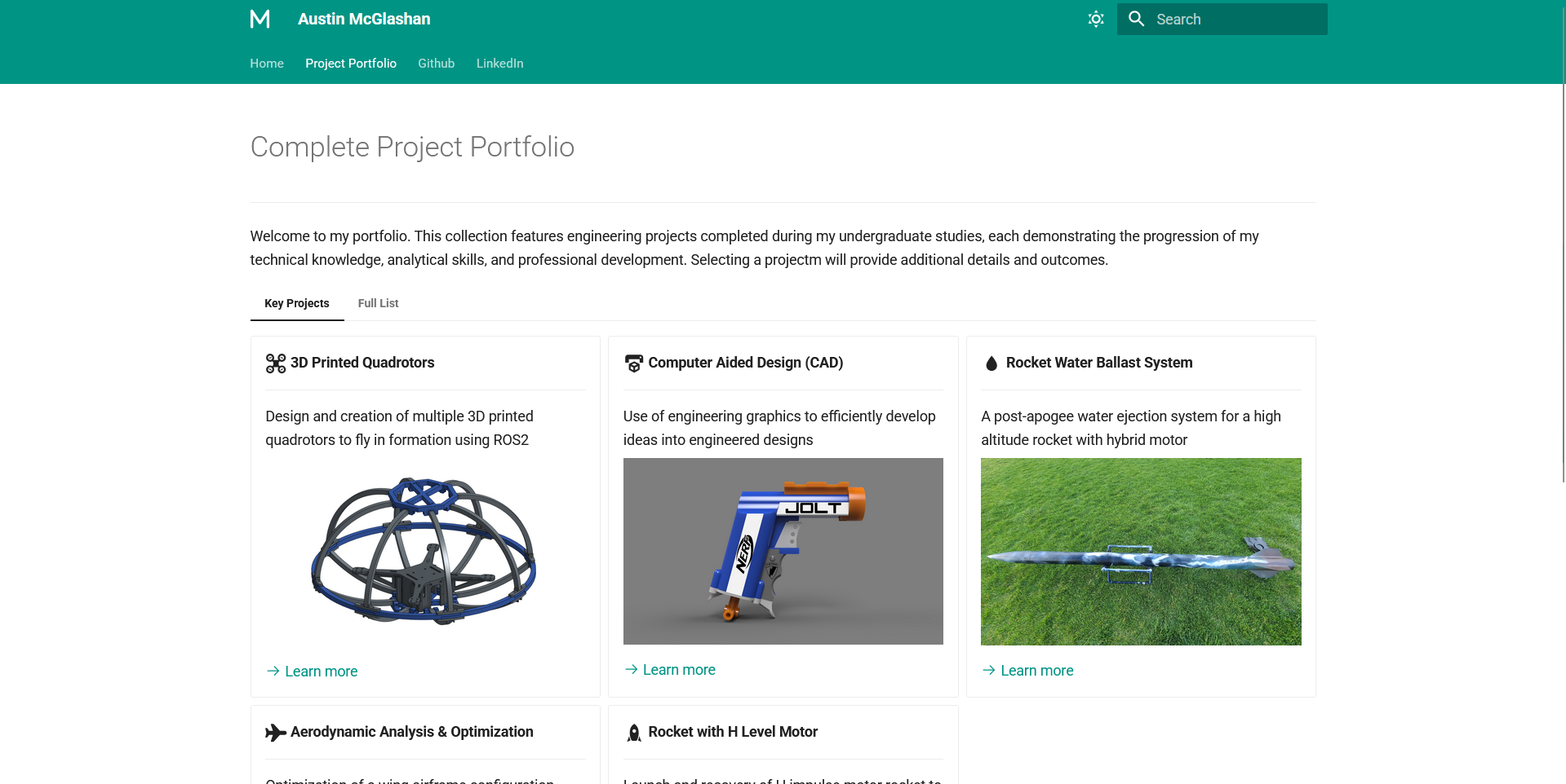 Homepage of the personal portfolio website showing featured projects and portfolio navigation.